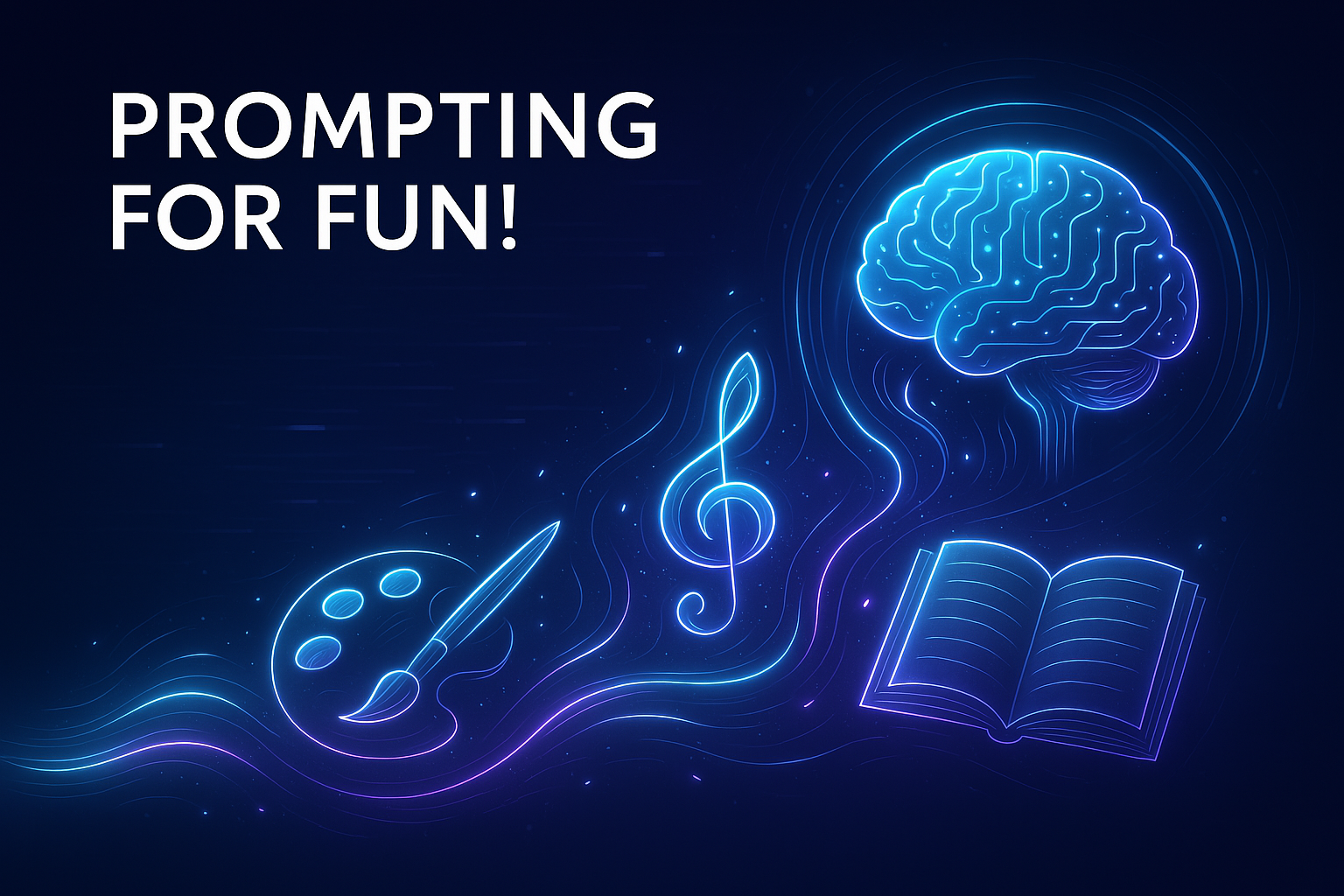 Abstract AI brain generating creative outputs like art, music, and stories